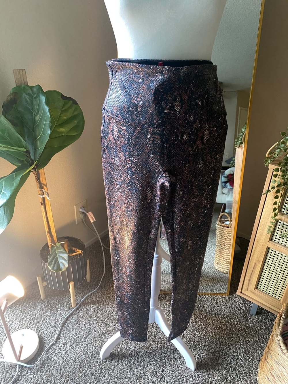 SPANX Metallic Snake-Print Leggings in Copper & Black